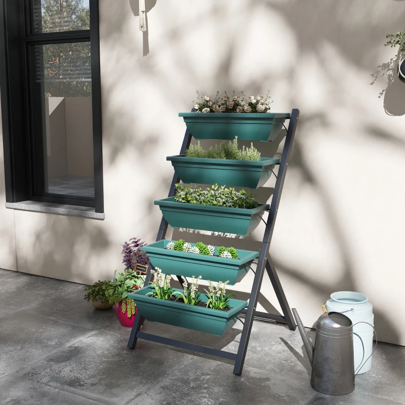 Outsunny 5-Tier Raised Garden Bed with 5 Planter Box, Outdoor Plant Stand Grow Containers with Leaking Holes for Balcony Patio Outdoor, Green
