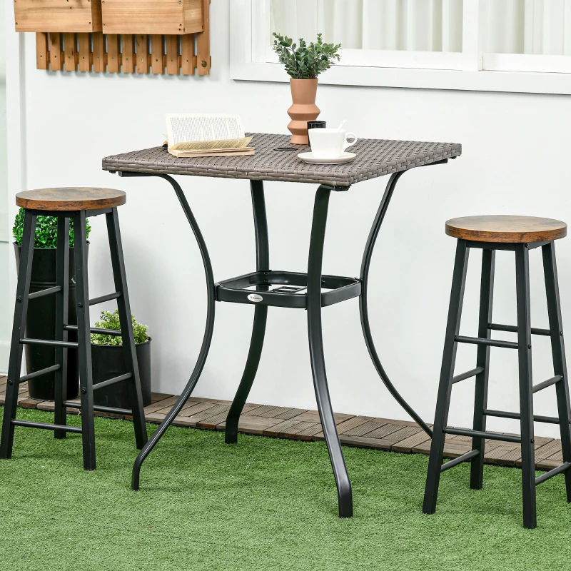 Outsunny Patio Wicker Dining Table with Umbrella Hole, 34 Inch Outdoor PE Rattan Coffee Table with Plastic Board Under the Woven Table Top for Patio, Garden, Balcony, Light Grey
