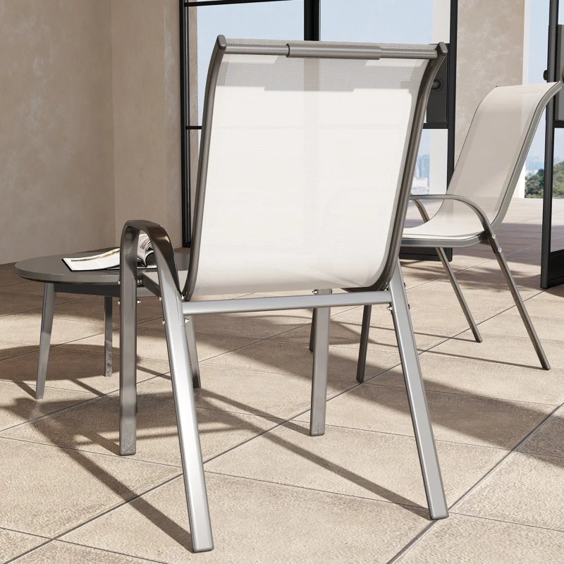 Outsunny Set of 2 Outdoor Dining Chairs, Stackable Lawn Chairs with High Back, Breathable Mesh Seat for Garden Porch, Light Grey
