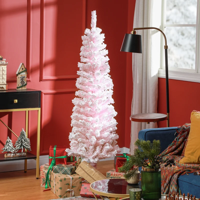 HOMCOM 5ft Flocked Christmas Tree, Pencil Christmas Tree with Realistic Branch Tips, Folding Metal Stand, Pink