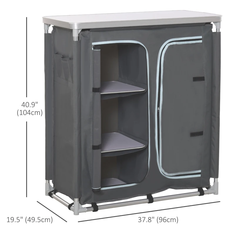 Outsunny Aluminum Camping Table, Camping Kitchen Station Cook Cupborad with 3-Shelf, Storage Organiser for BBQ Party Picnic Grey
