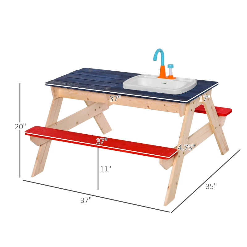 Outsunny Sand & Water Table with Sandbox, Outdoor  with Kitchen Toys, Kids Picnic Table and Bench Set Water Circulation Faucet and Vegetable Accessories