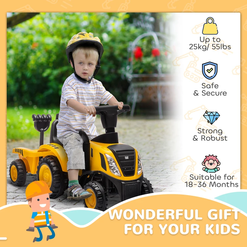 Qaba Caterpillar Licensed Ride-On Construction Toy with Shovel & Trailer, No Power Ride-on Tractor for 18-36 Months