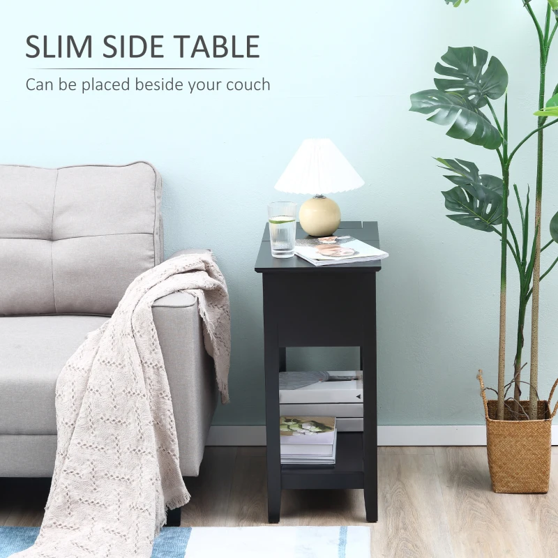 HOMCOM Flip Top End Table, Side Table with Storage Shelf and Cable Management, Narrow Nightstand for Living Room, Bedroom, Black