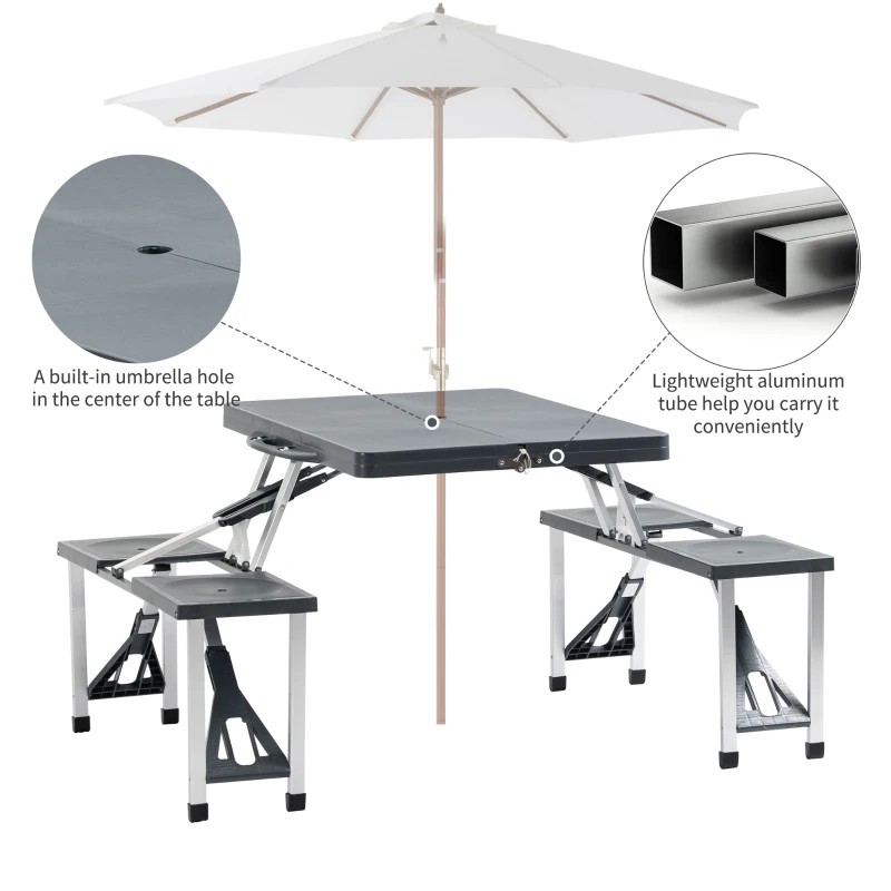 Outsunny Portable Foldable Camping Picnic Table with Seats Chairs and Umbrella Hole, Fold Up Travel Picnic Table, Grey
