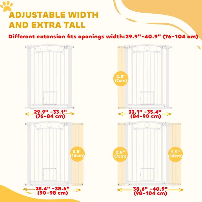 PawHut 42" Extra Tall Dog Gate w/ Cat Door, 2 Extension Kits, for Doorways, Hallways, Stairways, 30"-41" Width