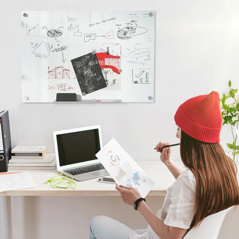 Vinsetto 35.5" x 23.5" Glass Magnetic Dry Erase Whiteboard, Frameless Board on Wall, with Dry Eraser, 4 Markers, and Pen Holder, White