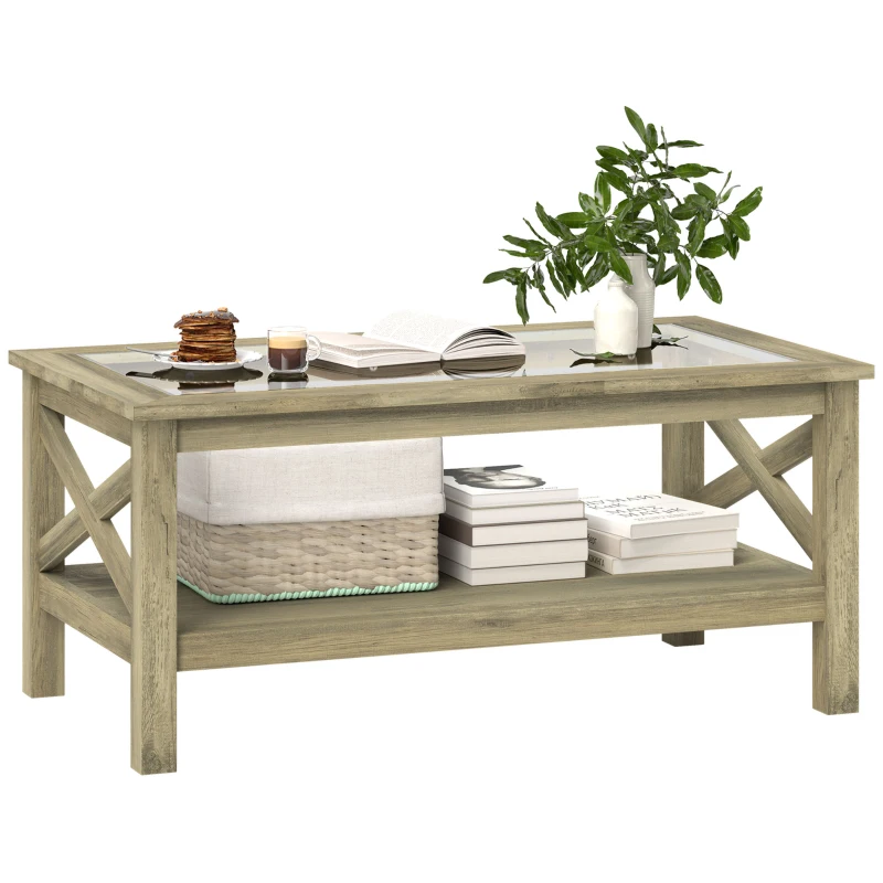 HOMCOM Coffee Table with Tempered Glass Tabletop, Living Room Table with Wood Frame and Underneath Storage Shelf, Gray