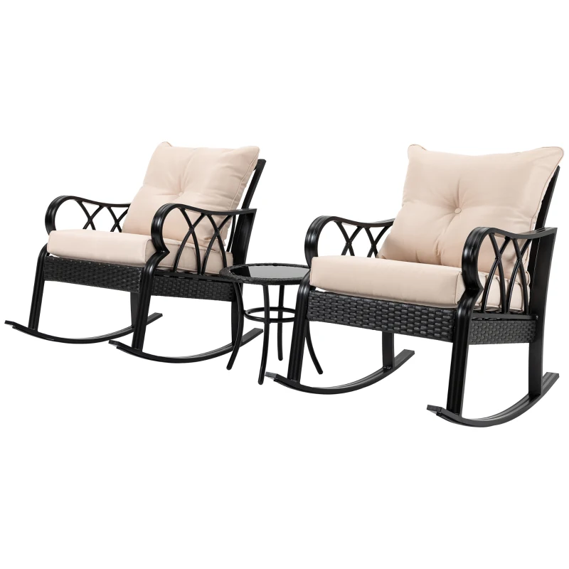 Outsunny 3-Piece Rocking Chair Bistro Set, Wicker Conversation Set, Rattan Furniture Set with Tempered Glass Side Table, Khaki