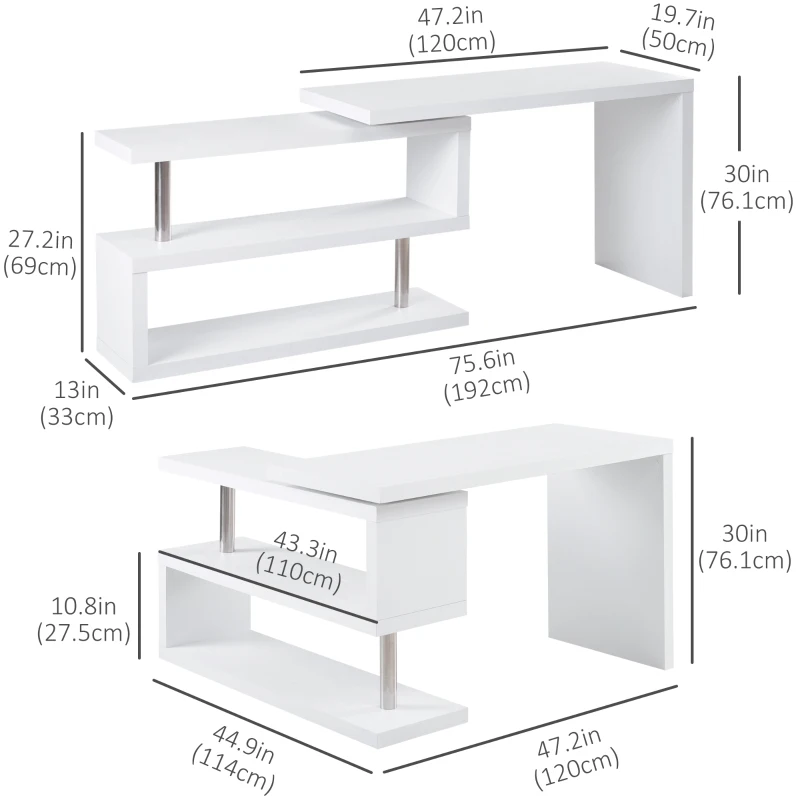 HOMCOM L-Shaped Desk, 360° Rotating Computer Corner Desk, Home Office Writing Table Workstation with Storage Shelf, White