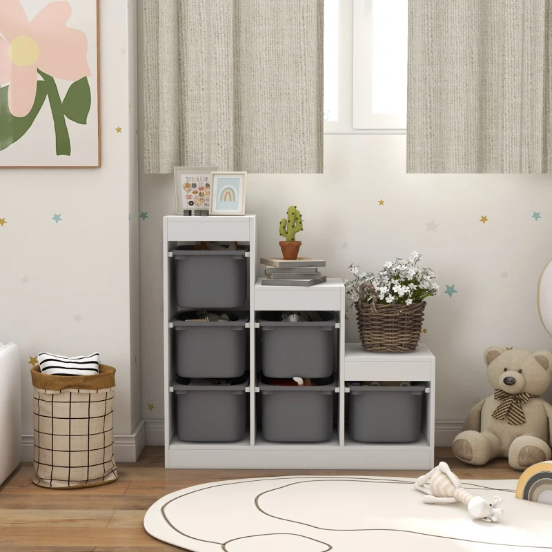 Qaba 3 Layers Toy Storage Organizer Kids Bookshelf Children Toy Storage w/ 6 Plastic Bins, Grey