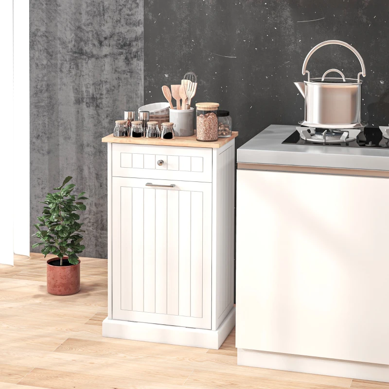 HOMCOM Kitchen Tilt Out Trash Bin Cabinet Free Standing Recycling Cabinet Trash Can Holder With Drawer, White