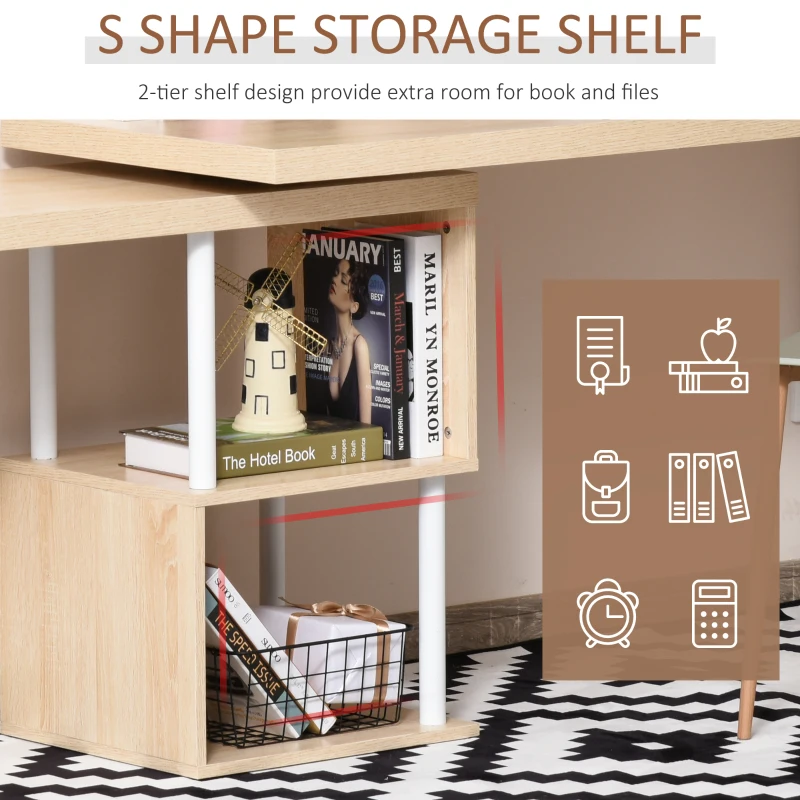 HOMCOM L-Shaped Writing Desk 360° Rotating Desk Corner Workstation, Oak