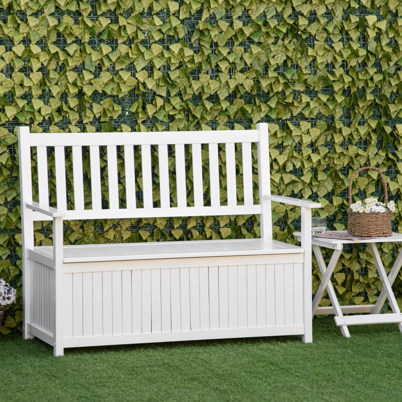 Outsunny 2-Seater Storage Garden Bench, Outdoor Patio Seating Furniture, Deck Box with Inner for Patio, Porch or Balcony, White