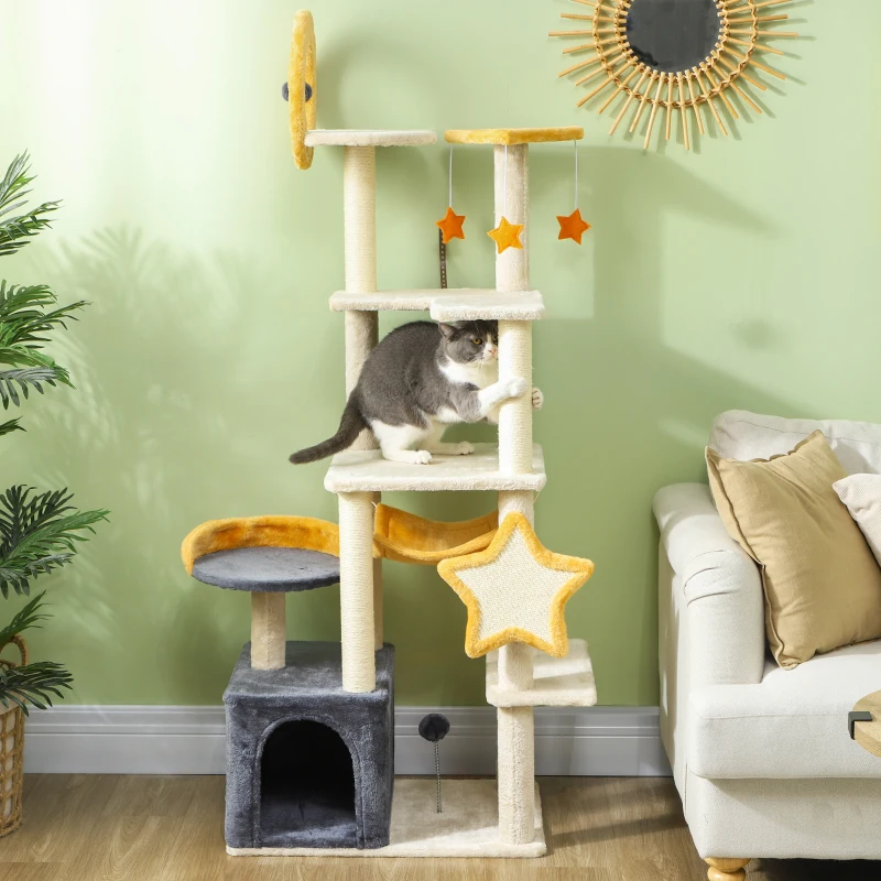 PawHut 63 Inch Moon and Star Themed Cat Tree with Scratching Post, Hammock, Condo, Bed, Scratching Board & Cat Toys, Beige