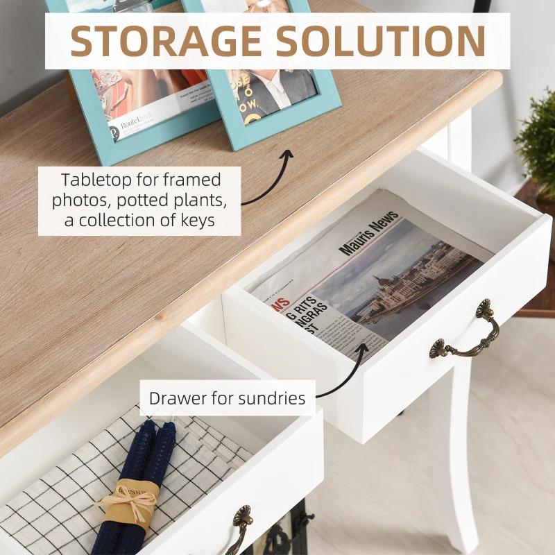HOMCOM Entryway Console Table with 2 Convenient Storage Drawers, Tabletop for Display, and Vintage Design, White