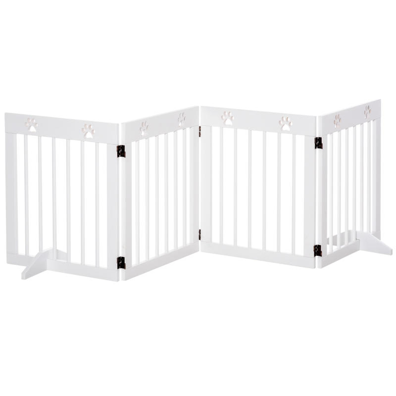 PawHut Freestanding Pet Gate 4 Panel Wooden Dog Barrier Folding Safety Fence with Support Feet up to 80.25" Long 24" Tall for Doorway Stairs White