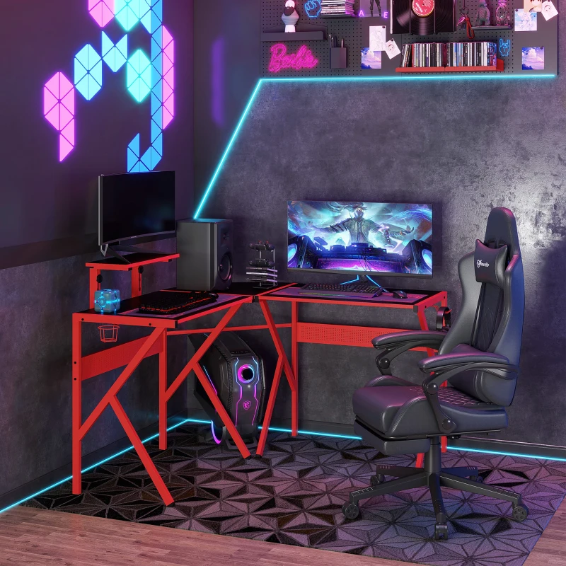 HOMCOM Gaming Desk, L-Shaped Corner Computer Table for Home Office, Workstations with Adjustable Monitor Stand Cup Holder Headphone Hook 49.25" x 49.25" x 29.5" Red