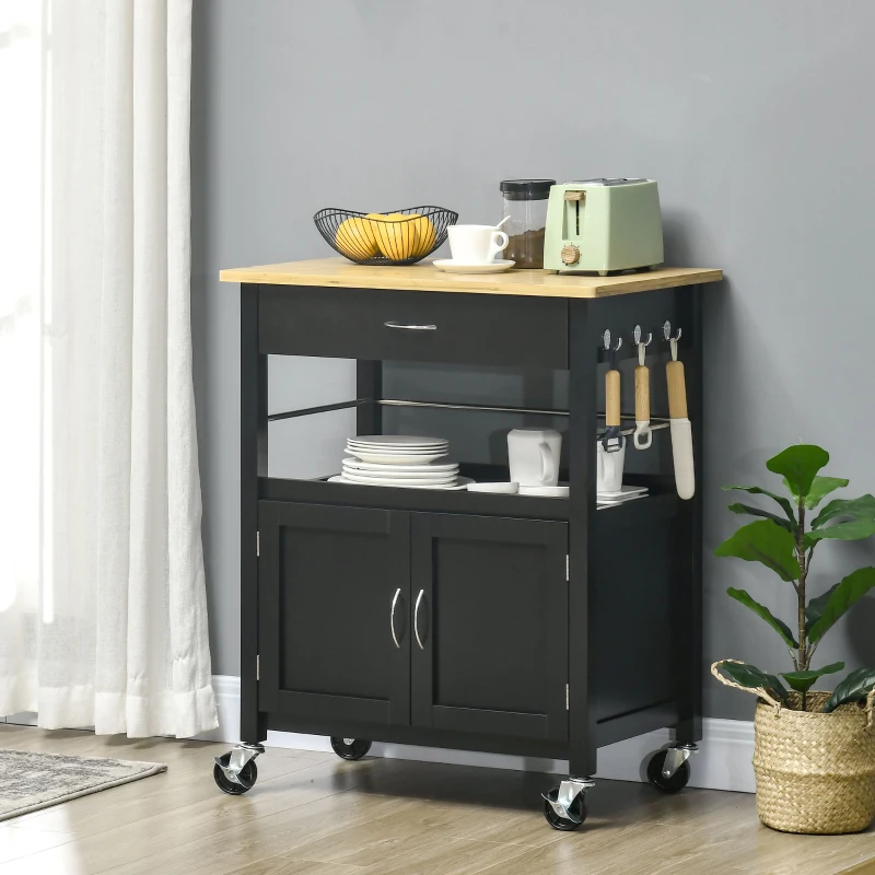 HOMCOM Kitchen Cart, Utility Trolley, Small Kitchen Island with Storage Drawer & Side Hooks for Dining Room, Black