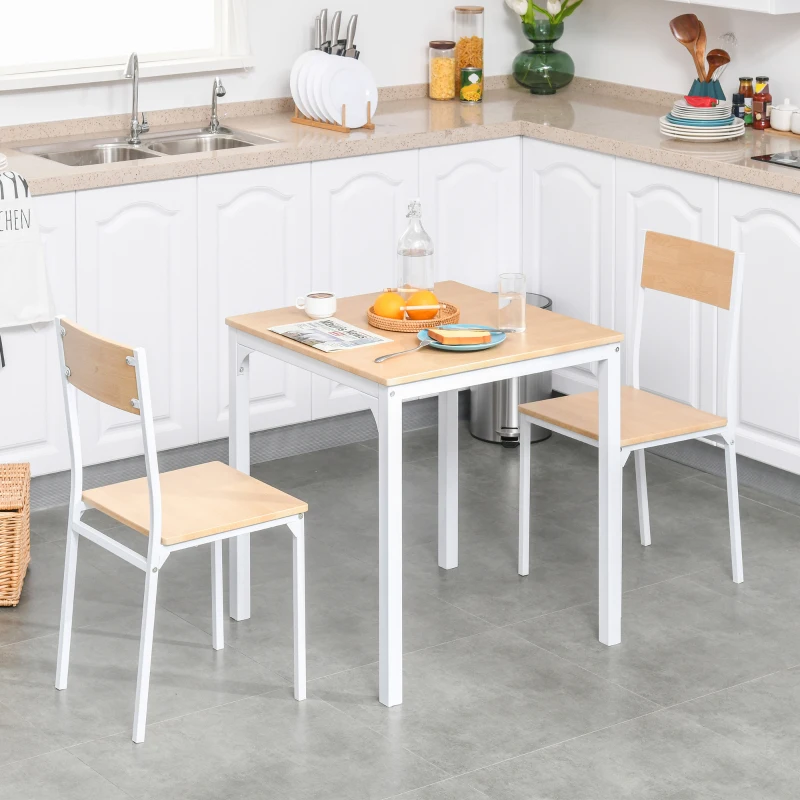 HOMCOM 3-Piece Wooden Square Dining Table Set with 1 Table and 2 Chairs and Sturdy Metal Frame for Small Space, White