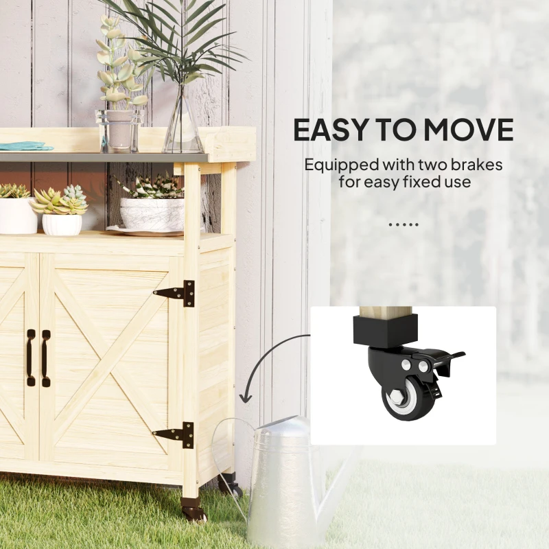 Outsunny Outdoor Wooden Potting Bench with Storage Cabinet, Aluminum Tabletop, Rubber Wheels for Backyard, Patio, Natural Wood