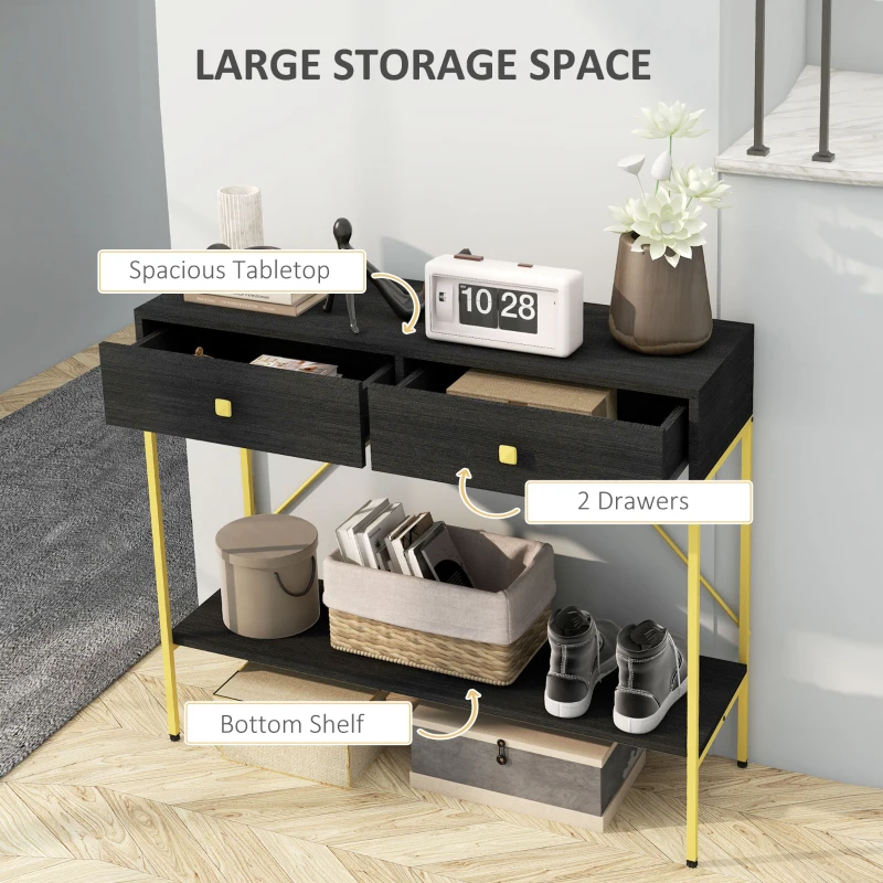 HOMCOM Hallway Console Table Entryway Table with 2 Drawers and Storage Shelf for Living Room Bedroom Behind Sofa Black