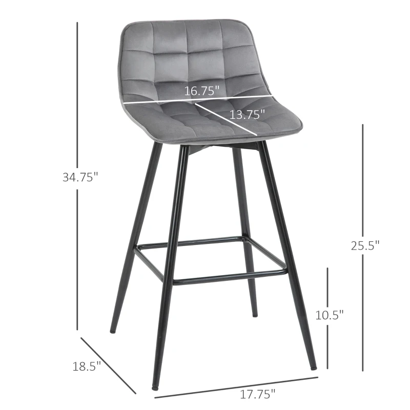 HOMCOM Bar Stools Set of 2, Fabric Upholstered Counter Height Bar Chairs, Kitchen Chairs with Back and Metal Legs, Grey