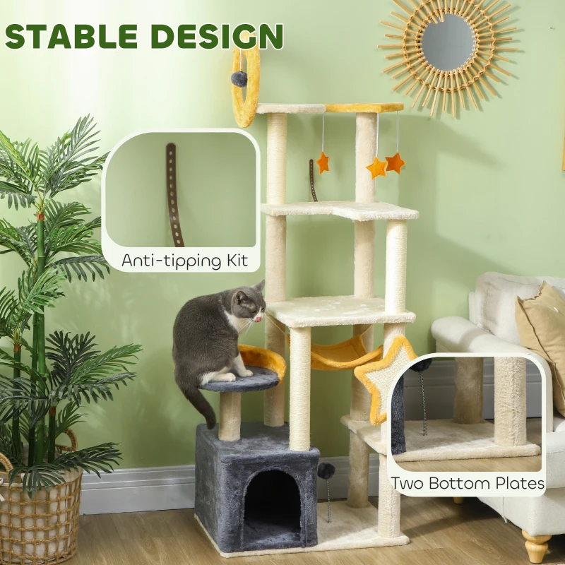 PawHut 63 Inch Moon and Star Themed Cat Tree with Scratching Post, Hammock, Condo, Bed, Scratching Board & Cat Toys, Beige