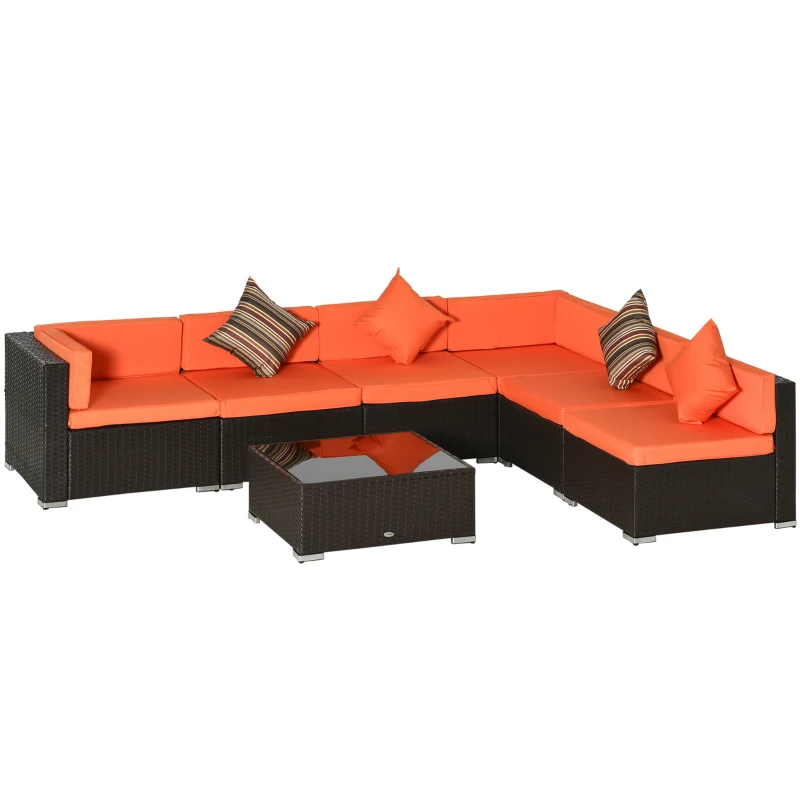 Outsunny 7pcs Garden Wicker Sectional Set w/ Tea Table Patio Rattan Lounge Sofa with Cushion for Outdoor Deck Orange