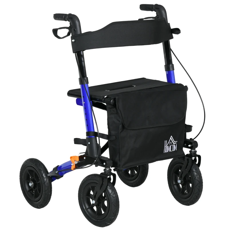 HOMCOM Rollator for Seniors with Seat, Rubber Wheels, Aluminum Folding Rolling Walker with Adjustable Handle, Bag, Blue