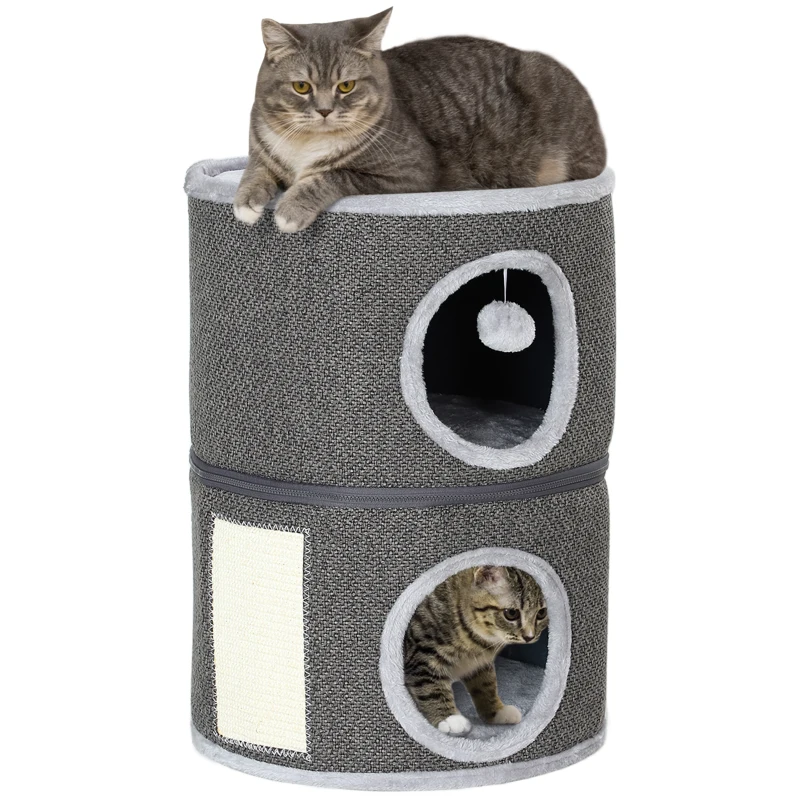 PawHut 2-Story Cat Condo Barrel Tree with Top Perch, 2 Hideaways, Scratching Board, Removable Cushions, Toy Balls, Dark Grey