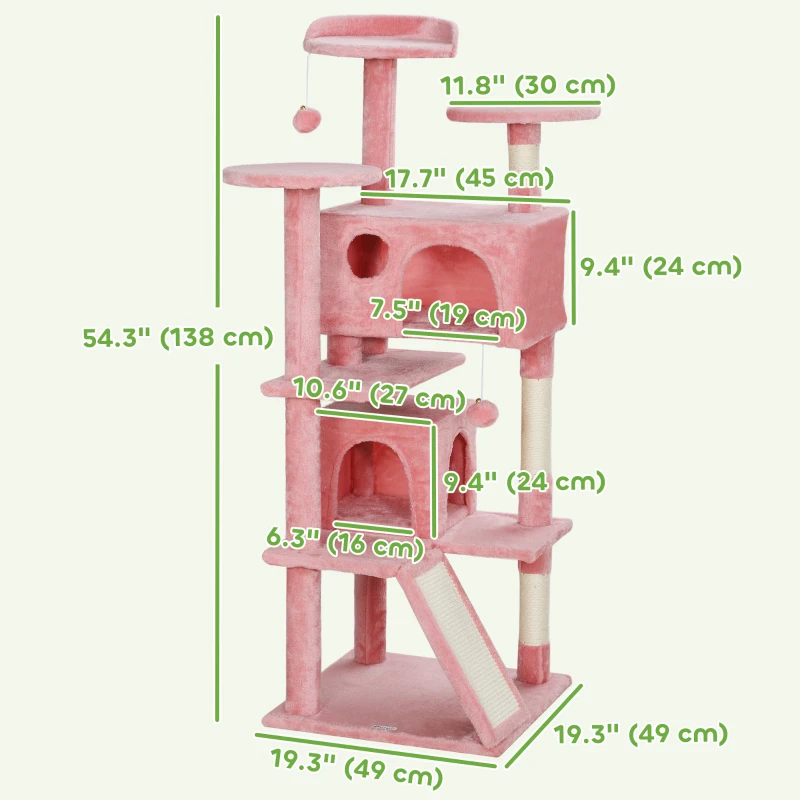 PawHut 54" Cat Tree, Multi-Level Cat Tower with Scratching Posts, Cat Condos, Bed, Platforms, Ramp, Toy Ball, Pink