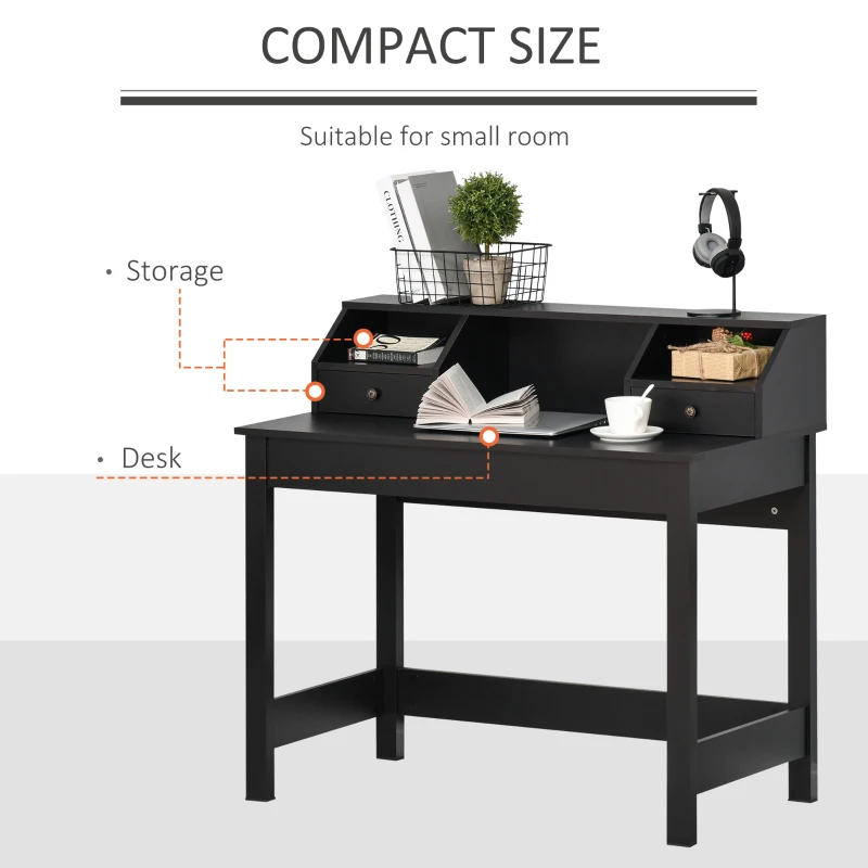 HOMCOM Rectangle Computer Desk with Display Shelves Drawers Home Office Table Workstation Black Wood Grain