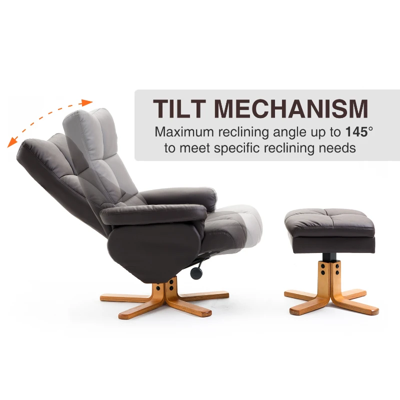 HOMCOM Leather Recliner and Ottoman Set Swivel Lounge Chair With Storage Footrest Wood Base Living Room Furniture Brown