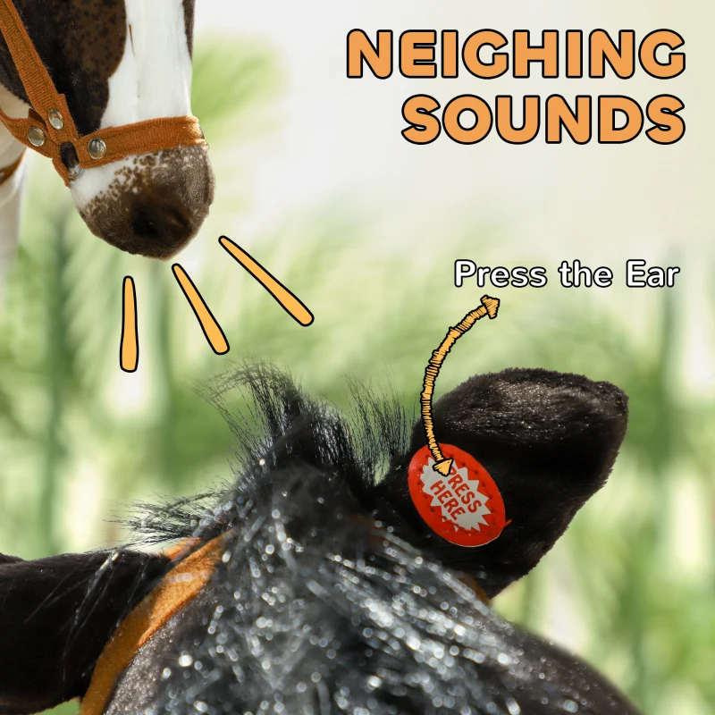 Qaba Ride on Horse for Toddlers 3-8 Years Old, Stuffed Animal Horse Toy with Neighing Sound, Brown