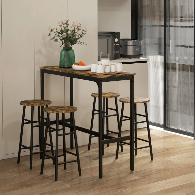 HOMCOM Industrial Bar Height Bar Table and Chairs, Kitchen Table and Chairs Set for 4, 5-Piece Breakfast Table Set