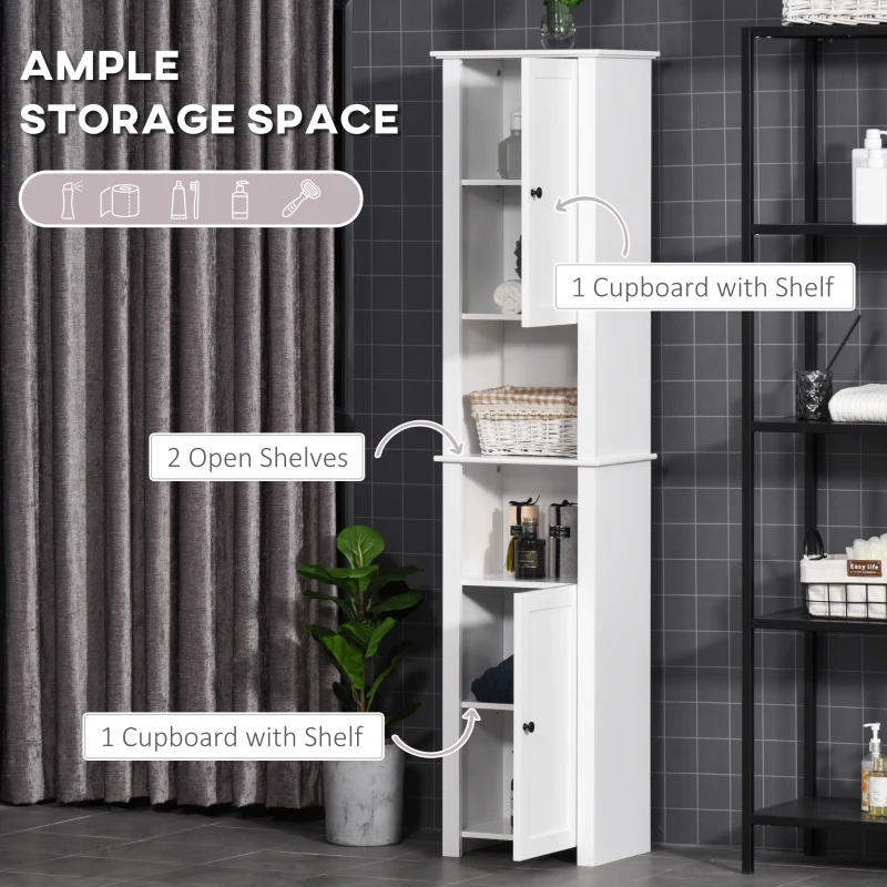 HOMCOM Tall Bathroom Storage Cabinet, Freestanding Linen Tower with 2-Tier Shelf and 2 Cabinets, Narrow Side Floor Organizer, White