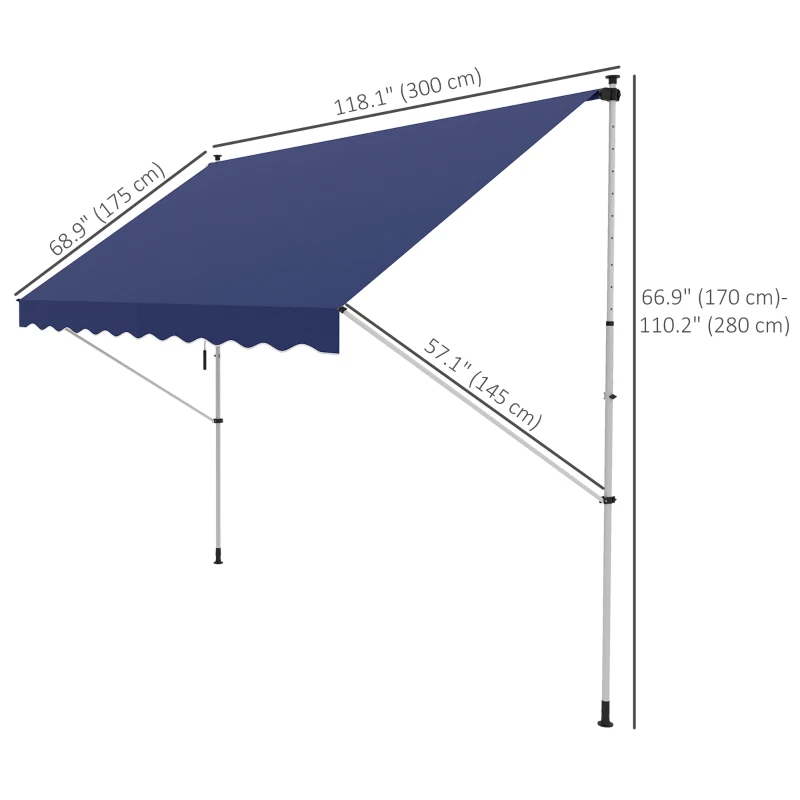 Outsunny 10x5ft Patio Sun Shade Canopy, Manual Retractable Awning with 5.6-9.2ft Support Pole for Window, Door, Porch, Navy Blue