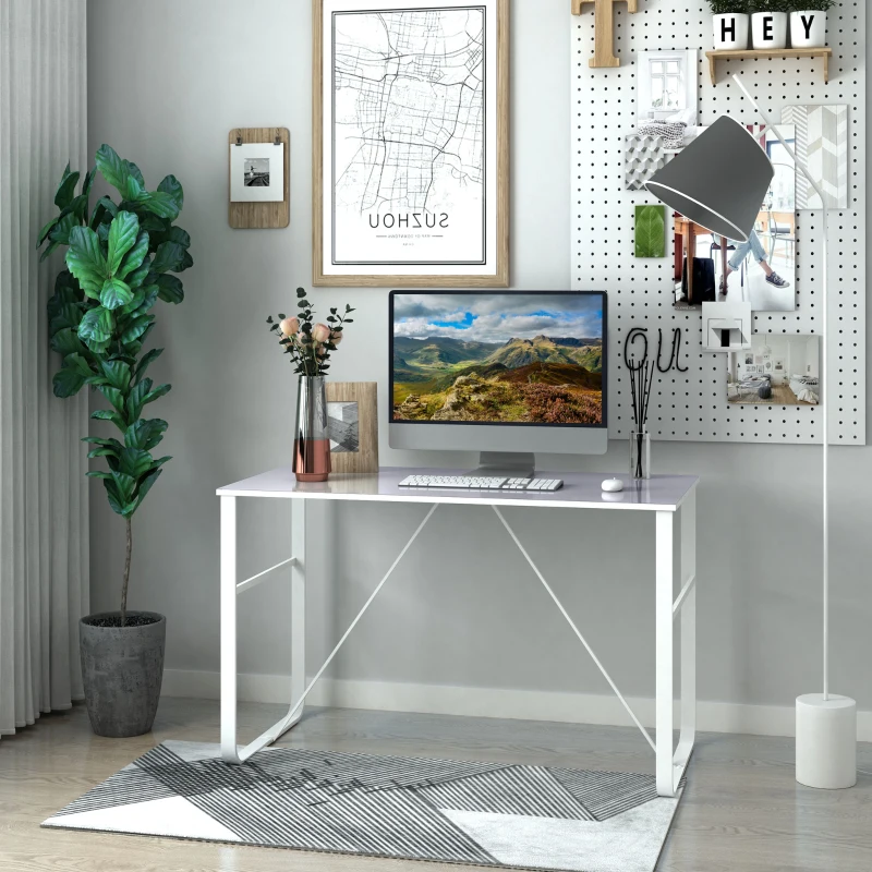 HOMCOM Office Table Glass Top Writing Desk Home Working Station Gaming Desk Metal Frame Easy Assembly, White