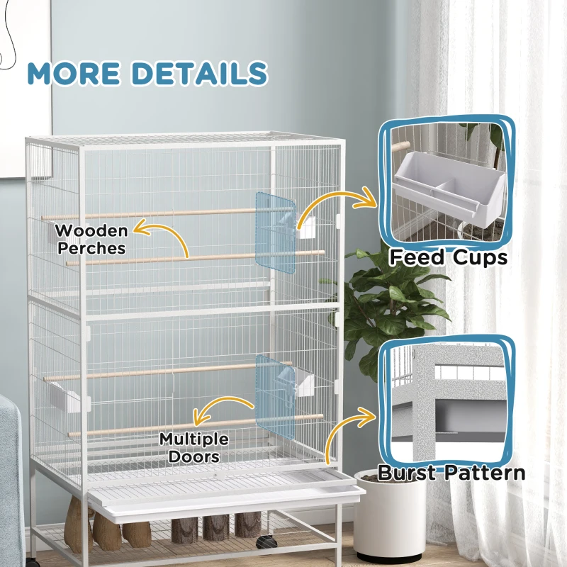 PawHut 52" Large Rolling Steel Bird Cage Bird House with Rolling Stand, Storage Shelf, Wood Perch, Food Container, Grey