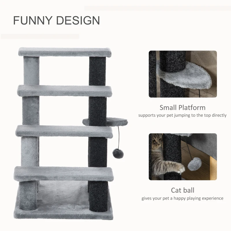 PawHut Cat Stairs for Bed, Couch 4 Steps, Small Cat Tree for Indoor Cats with Scratching Posts Toy Ball, 23.5" x 16" x 25"