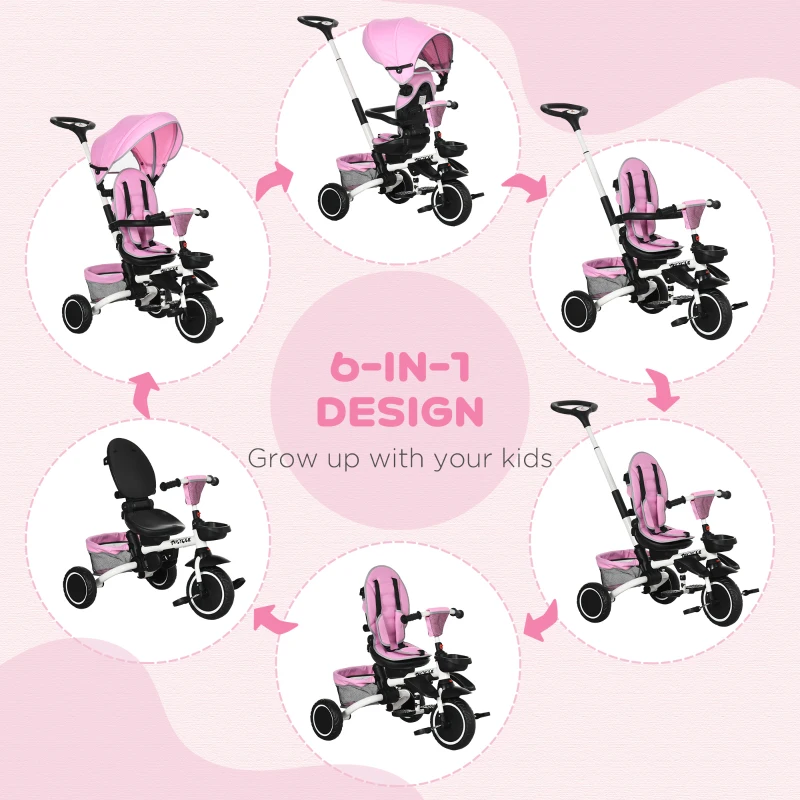 Aosom 6-in-1 Toddler Tricycle for 12-50 Months, Foldable Kids Trike with Adjustable Seat and Push Handle, Safety Harness, Removable Canopy, Footrest, Pink