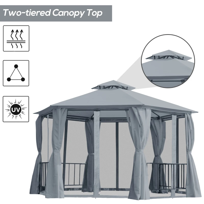 Outsunny 13ft Hexagon Gazebo Outdoor Canopy Shelter with Netting and Shaded Curtains Grey