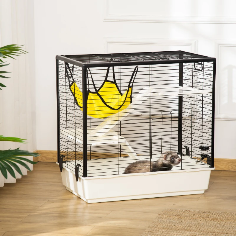PawHut Small Animal Cage Habitat Indoor Pet Play House for Guinea Pigs Ferrets Chinchillas, With Accessories Hammock Water Bottle Balcony Ramp Food Dish, 31.5", Yellow