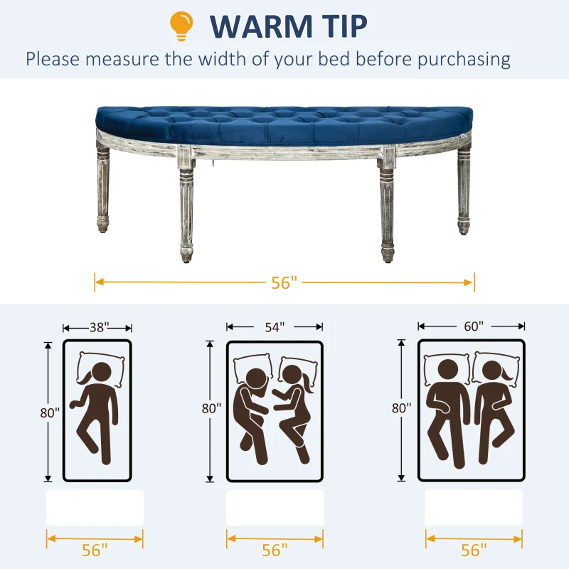 HOMCOM Vintage Semi-Circle End of Bed Bench, Upholstered Bedroom Entryway Bench with Tufted Velvet-Touch Fabric with Rubberwood Legs, Blue