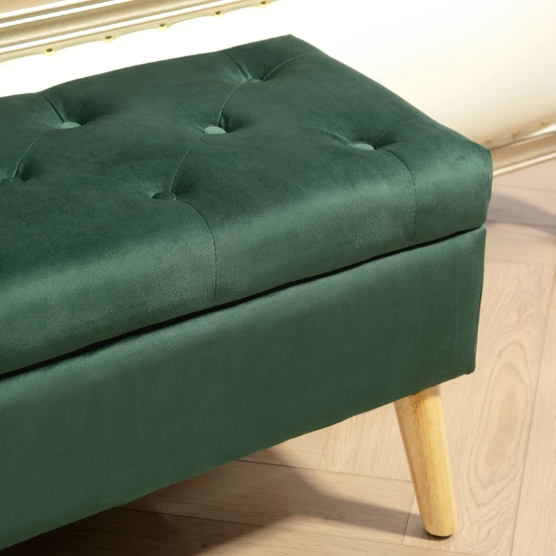 HOMCOM Storage Ottoman with Lid, Velvet Upholstered Storage Bench with Wood Legs for Living Room, Dark Green
