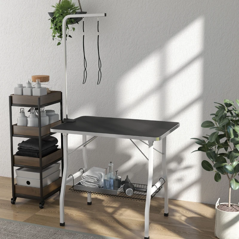 PawHut Dog Grooming Table w/ Adjustable Arm, Mesh Tray,  Two Nooses, Rubber Surface, 35" x 24" x 61", Black