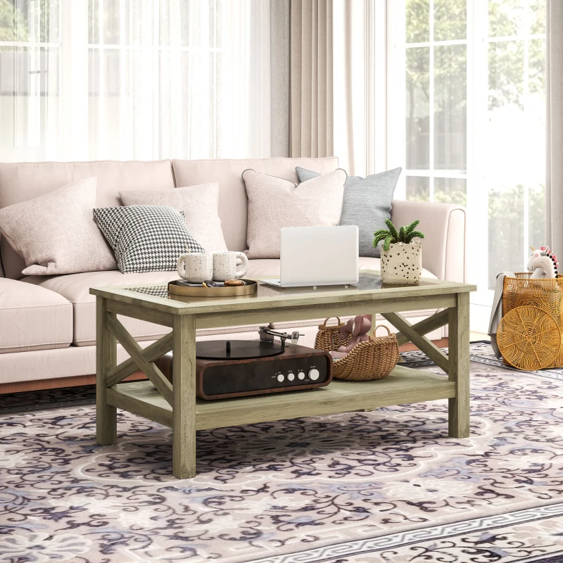 HOMCOM Coffee Table with Tempered Glass Tabletop, Living Room Table with Wood Frame and Underneath Storage Shelf, Gray