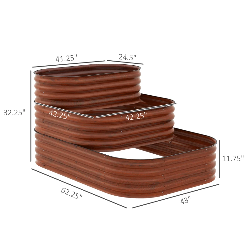 Outsunny 3-Tier Raised Garden Bed Set w/ Safety Edging, Open Bottom for Vegetables, Herbs, Flowers, 62.25" x 43" x 32.25", Brown