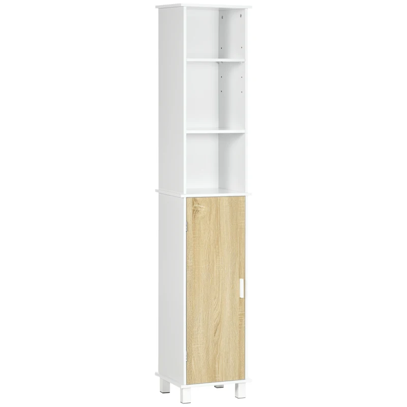 kleankin Tall Bathroom Storage Cabinet, Free Standing Bathroom Cabinet Slim Side Organizer w/ 3-Tier Open Shelf, Door, White
